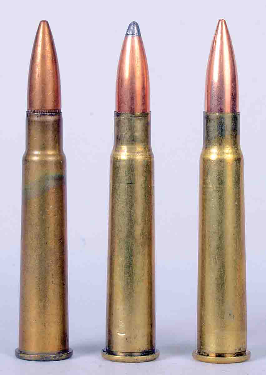 The .303 British was obsolete in 1914 when World War I began, but it stayed in service more than 40 years. At left  is a British Mk VII military load; center is a handload with a Sierra 180-grain spitzer and right is a handload with a Hornady 174-grain HPBT.